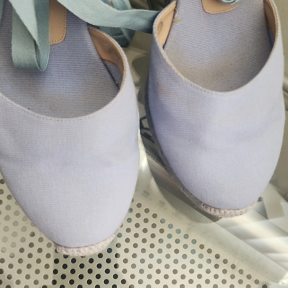 Stuart Weitzman Blue Espadrille Wedge Sandals Wrap Tie Summer Resort